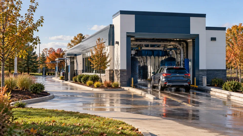 Illustrative car wash exterior showing the approach, tunnel entry and site layout